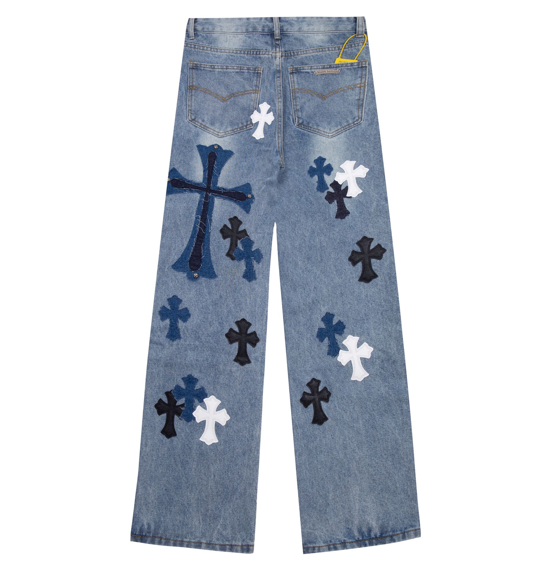 P145
款号：H637
Chrome hearts X SexRecords克罗心金属贴皮十字架水洗牛王展会限定牛仔裤
真实还原Vintage极致质感 
意产特种牛皮印花再切割 订制羊皮三层粗线帖皮 整体拼接在重水水洗染色工艺  细节看的到
立体裁剪版型 宽松舒适不挑身材 显高显瘦 大厂精工 原厂品控 男女同款 可做情侣搭配 百搭推荐 四季必备牛仔裤
Color：蓝色
Size：28，30，32，34，36（s-xxl）