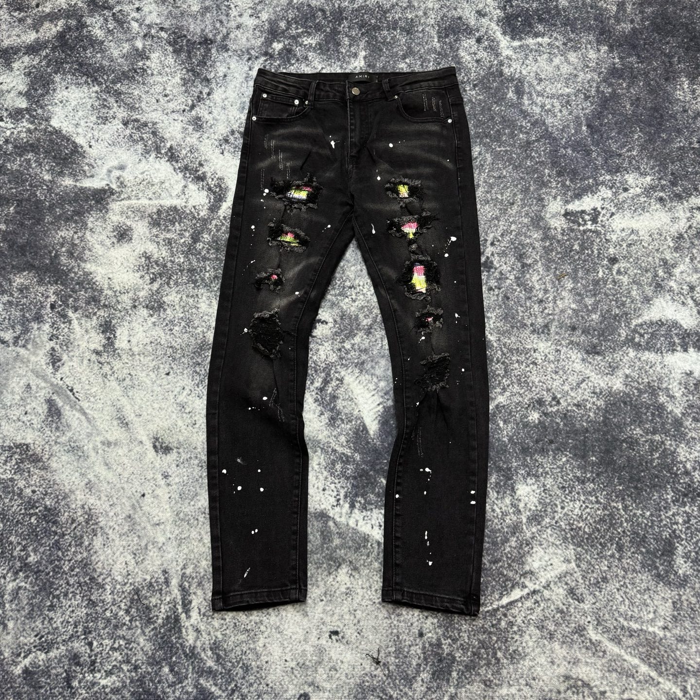 Amiri 24ss Distressed Denim Jeans, Slim Fit, Ripped and Repaired, High Street Style