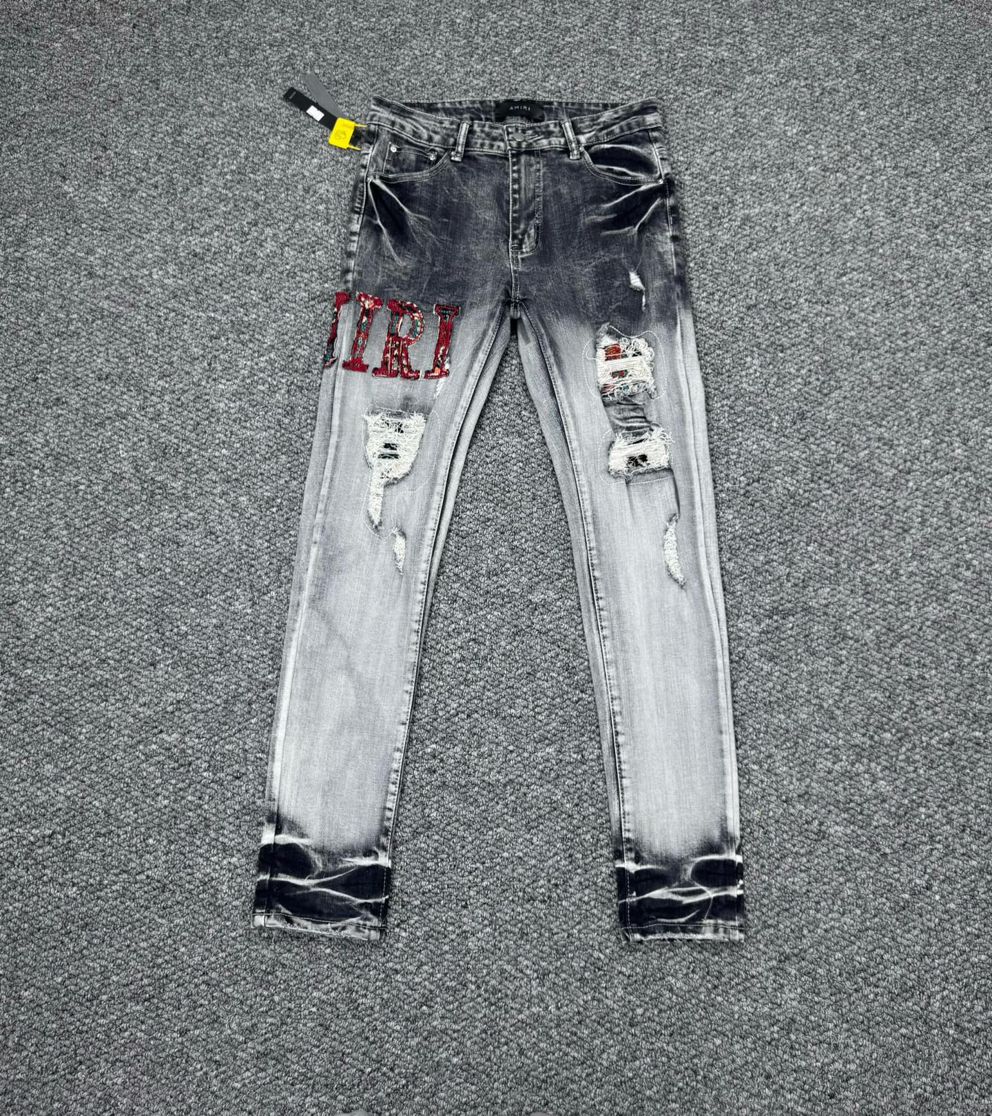 Amiri Distressed Denim Jeans with Embroidered Logo - Slim Fit, Gray