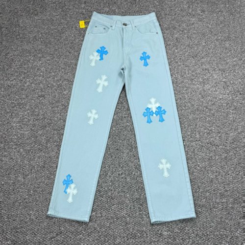 Chrome Hearts Miami Jeans - Ice Blue Denim with Cross Patches 1 Chrome Hearts Miami Jeans - Ice Blue Denim with Cross Patches