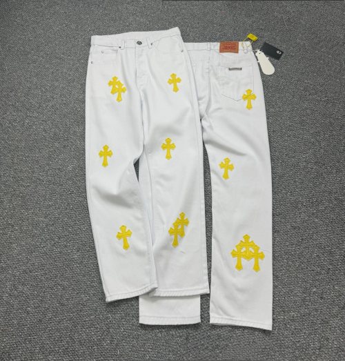 Chrome Hearts White Denim Jeans with Yellow Cross Patches, Slim Fit 1 Chrome Hearts White Denim Jeans with Yellow Cross Patches, Slim Fit
