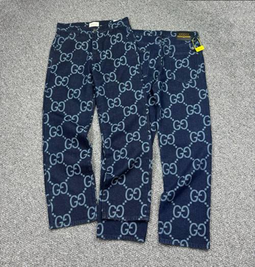 Gucci 2025SS Couple's Double G Print Jeans, Vintage Wash Denim Pants 1 Gucci 2025SS Couple's Double G Print Jeans, Vintage Wash Denim Pants