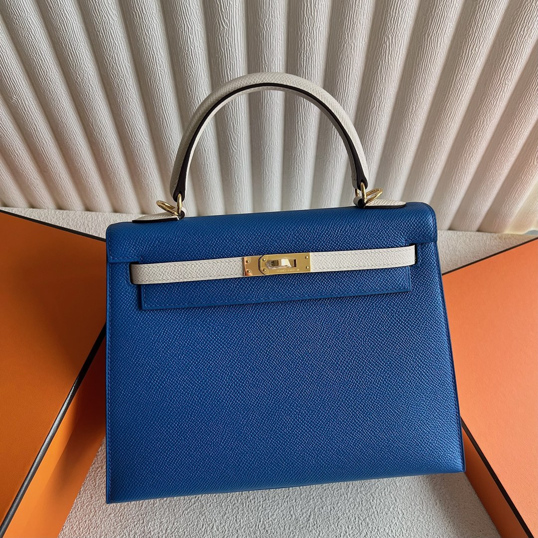 Hermès Kelly 25cm epsom original royal palm print leather French blue/cream white top craftsmanship fully stitched with wax thread gold buckle