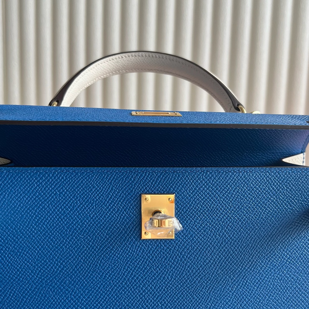 Hermès Kelly 25cm epsom original royal palm print leather French blue/cream white top craftsmanship fully stitched with wax thread gold buckle
