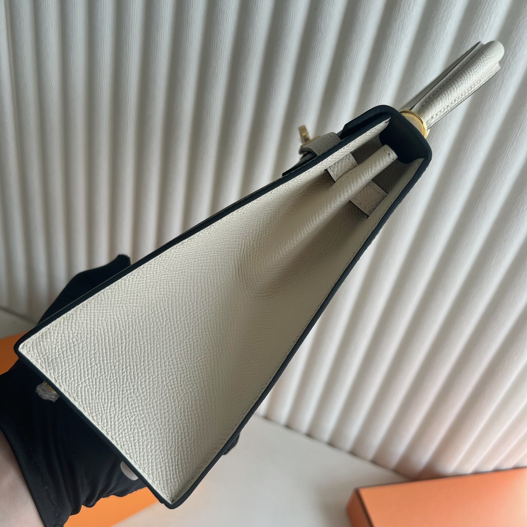 Hermès Kelly25cm epsom original royal palm print leather 8F pewter gray/cream white top craftsmanship fully stitched with wax thread gold buckle