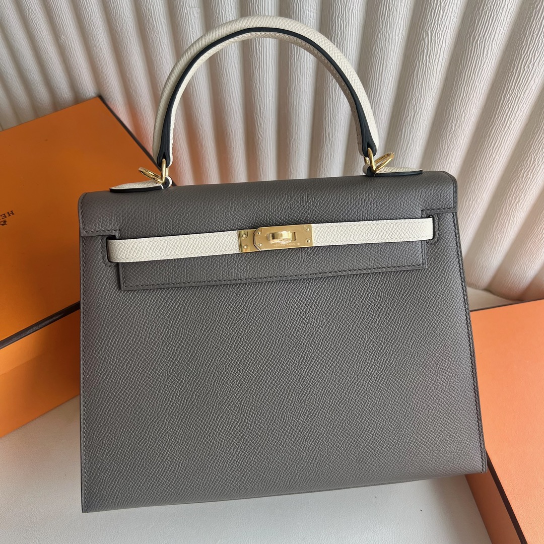 Hermès Kelly25cm epsom original royal palm print leather 8F pewter gray/cream white top craftsmanship fully stitched with wax thread gold buckle