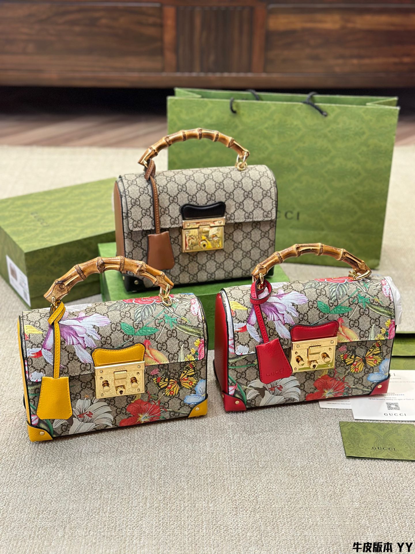 牛皮版本 Gucci/古奇 GG刺绣竹节手提单肩包603221 高版本原单 全套折叠飞机盒包装🎁25cm