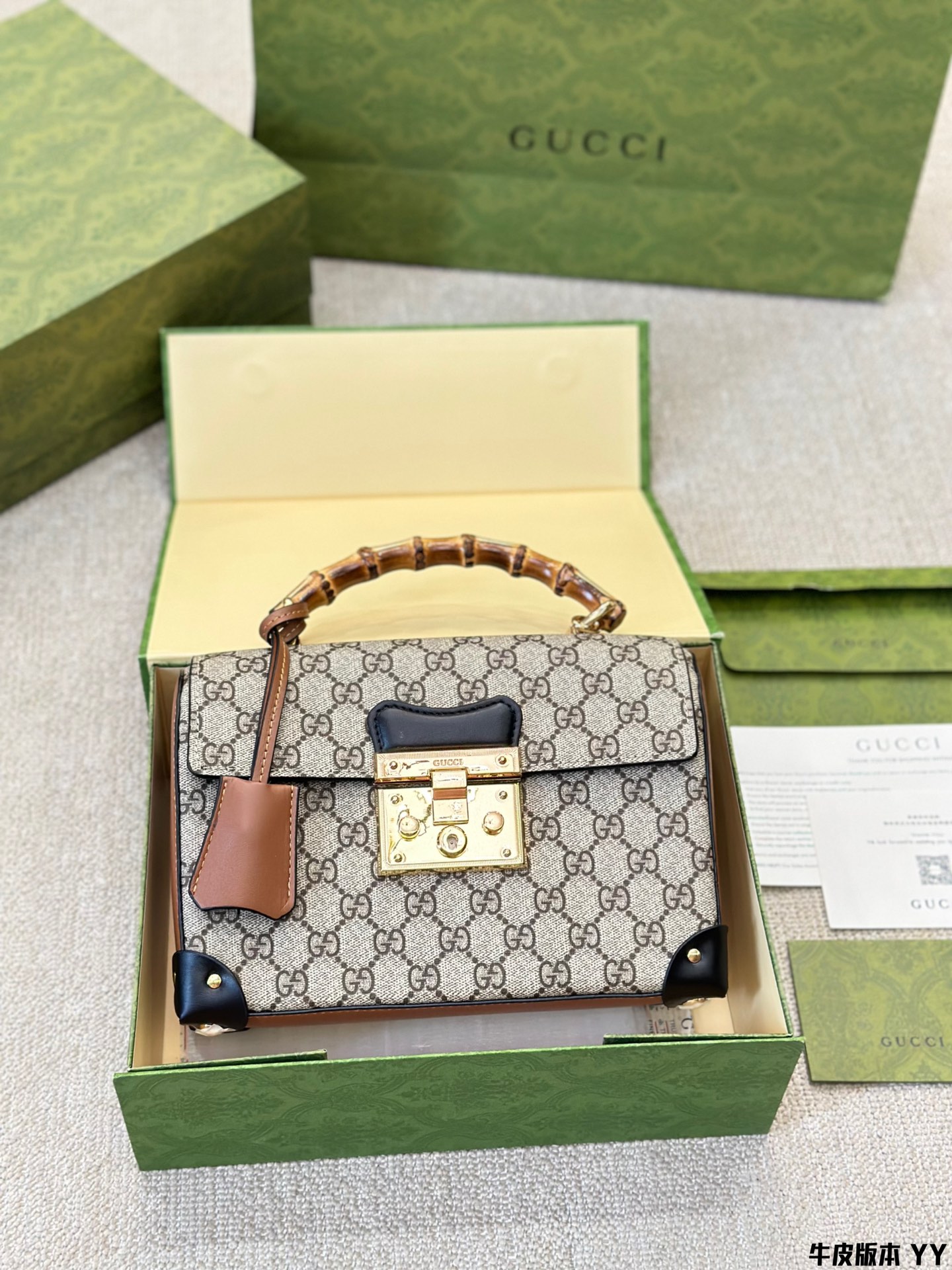 牛皮版本 Gucci/古奇 GG刺绣竹节手提单肩包603221 高版本原单 全套折叠飞机盒包装🎁25cm
