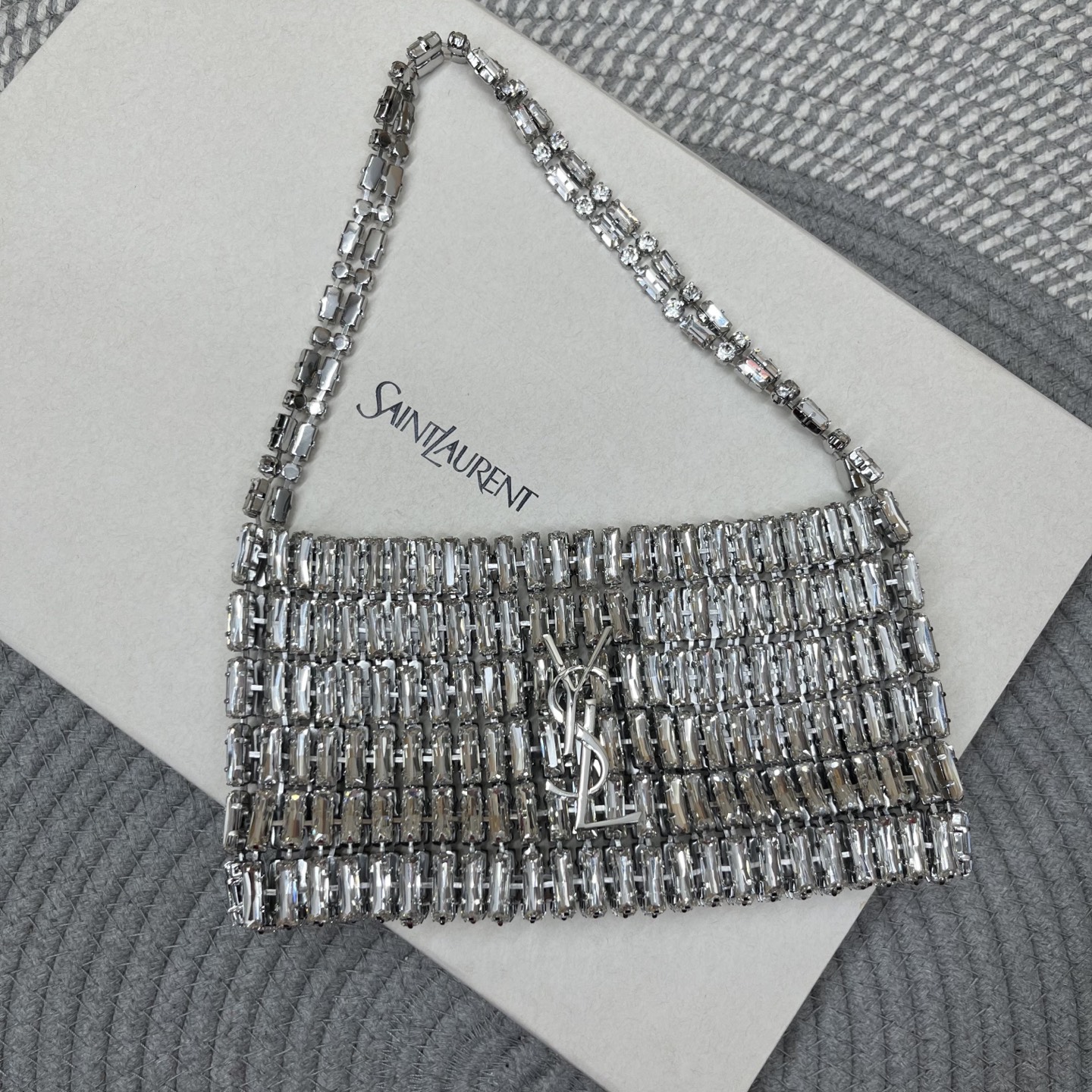 saint laurent silver crystal evening bag