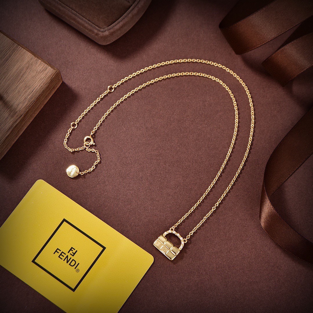 Fendi Baguette Bag Pendant necklace gold-tone metal with white pearl accents 45cm with 5cm extender