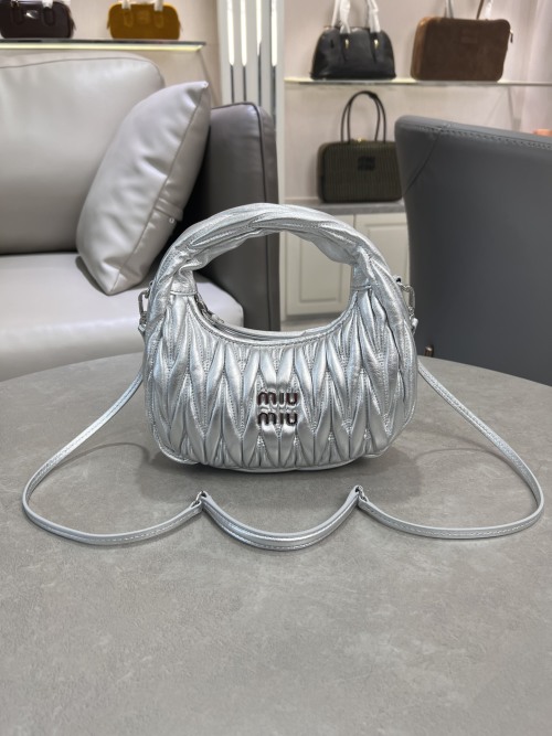 Miu Wander Matelasse Silver Leather Mini Hobo Bag Crossbody Bag 1 Miu Wander Matelasse Silver Leather Mini Hobo Bag Crossbody Bag