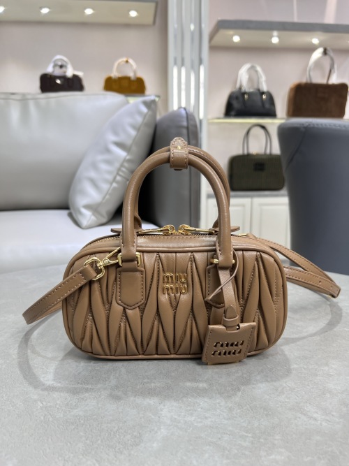 Miu Miu Matelasse Leather Top Handle Bag with Detachable Strap - Caramel