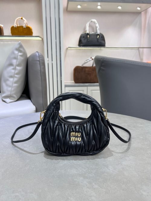 Miu Miu Wander Mini Hobo Bag Matelassé Black Leather with Gold-tone Hardware