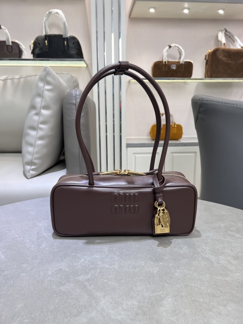 Miu Miu Beau Handbag, Leather Top Handle Satchel, Brown