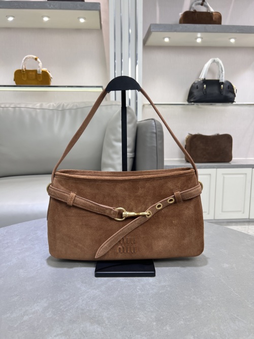 Miu Miu Aventure Suede Shoulder Bag with Embossed Logo - Brown