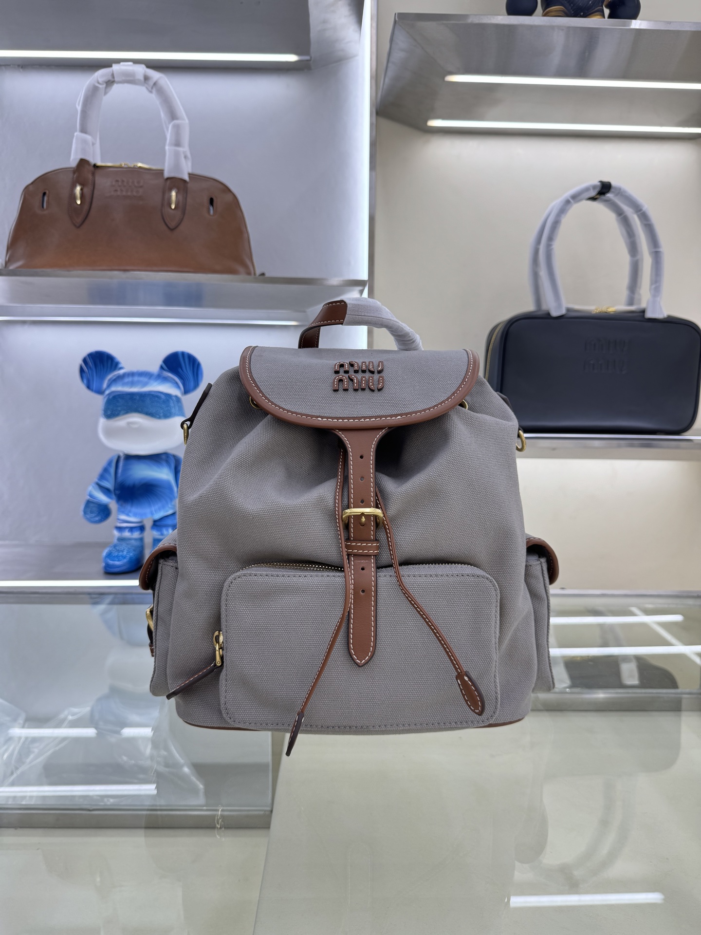 Miu Miu Campus-Style Backpack in Canvas and Leather - 29.5x25x12.5cm 1 i1754124019910 8848 0 0