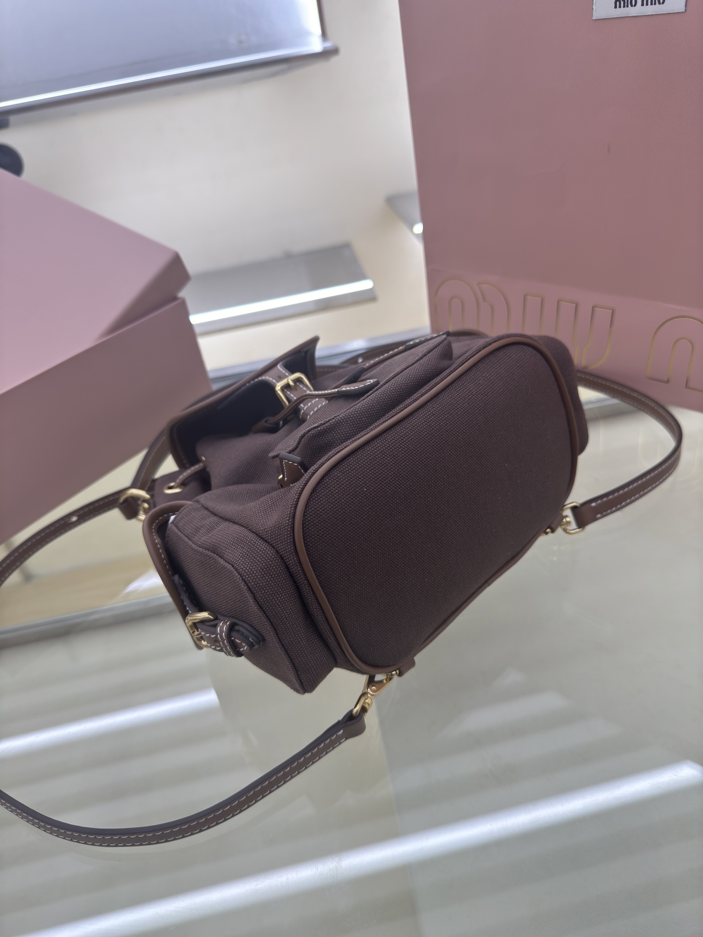 Miu Miu Small Brown Canvas and Leather Backpack Rucksack 5BZ043 6 i1756489472102 5917 0 4