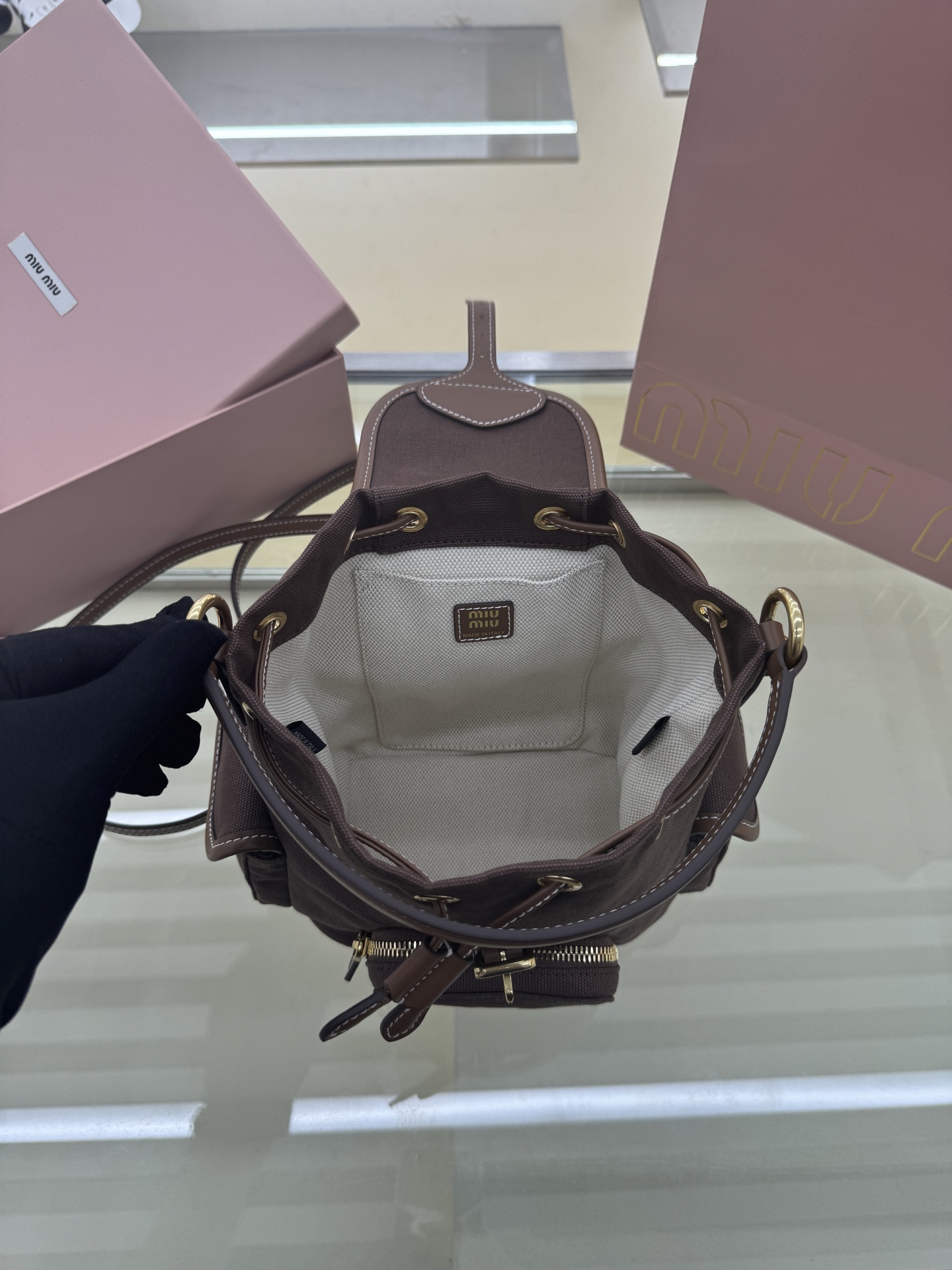 Miu Miu Small Brown Canvas and Leather Backpack Rucksack 5BZ043 9 i1756489475080 5399 0 7