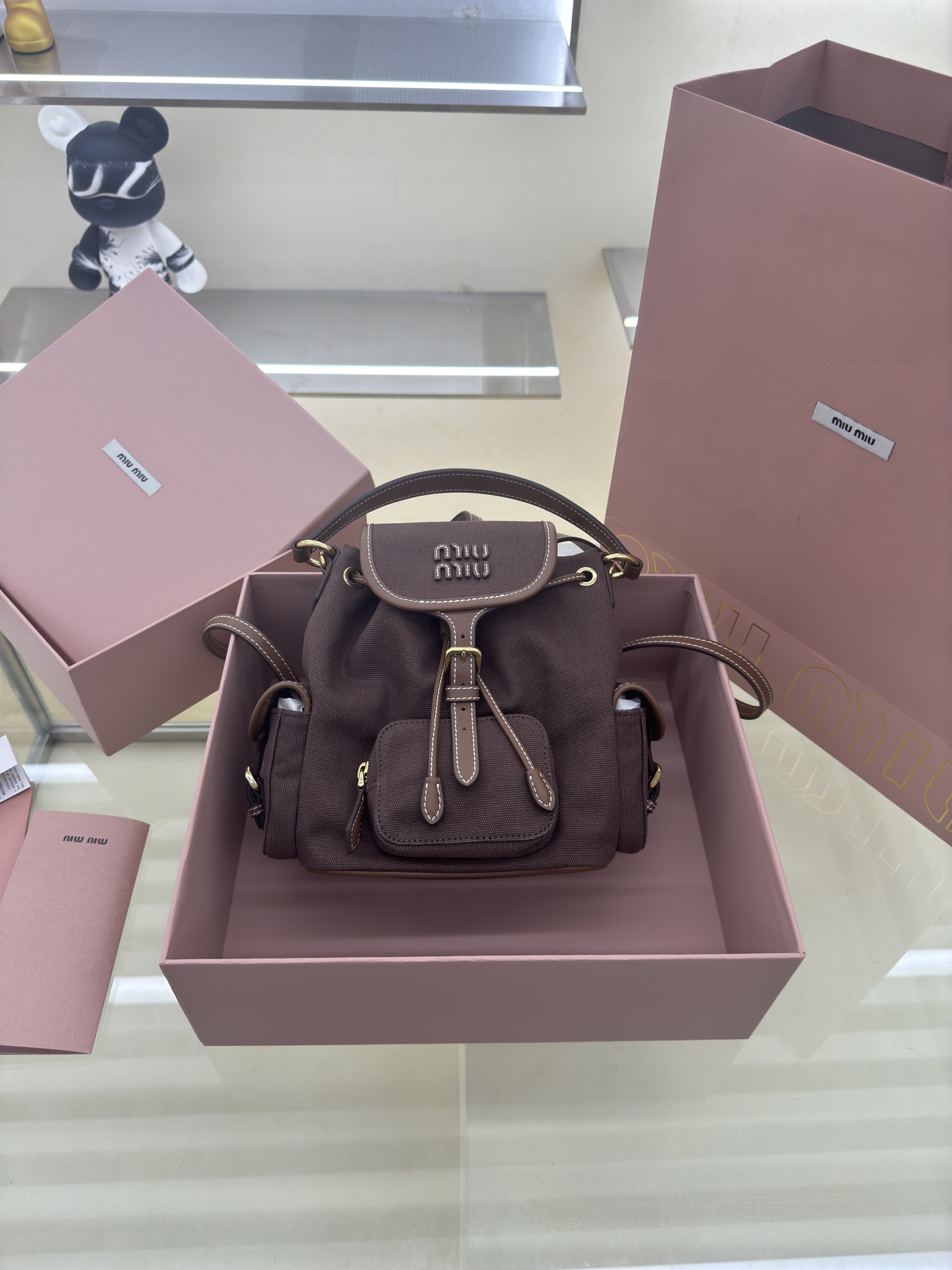 Miu Miu Small Brown Canvas and Leather Backpack Rucksack 5BZ043 2 i1756489475382 827 0 0