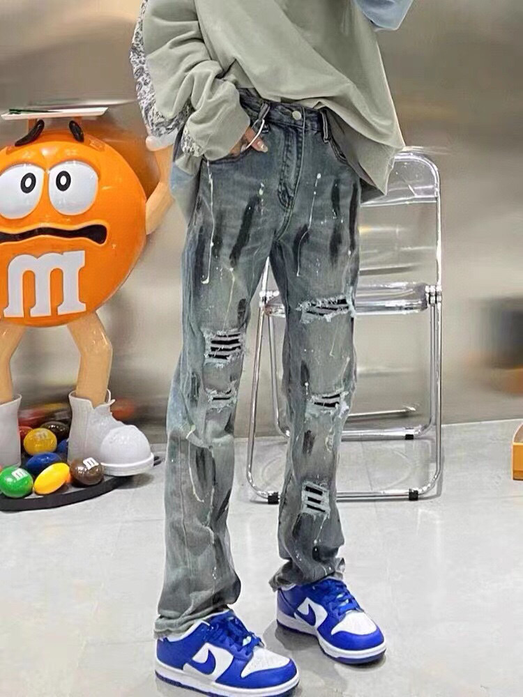 Omega Street Hiptops: American Cowboy Style Ink-Painted Pants, Blue, Sizes S-3XL