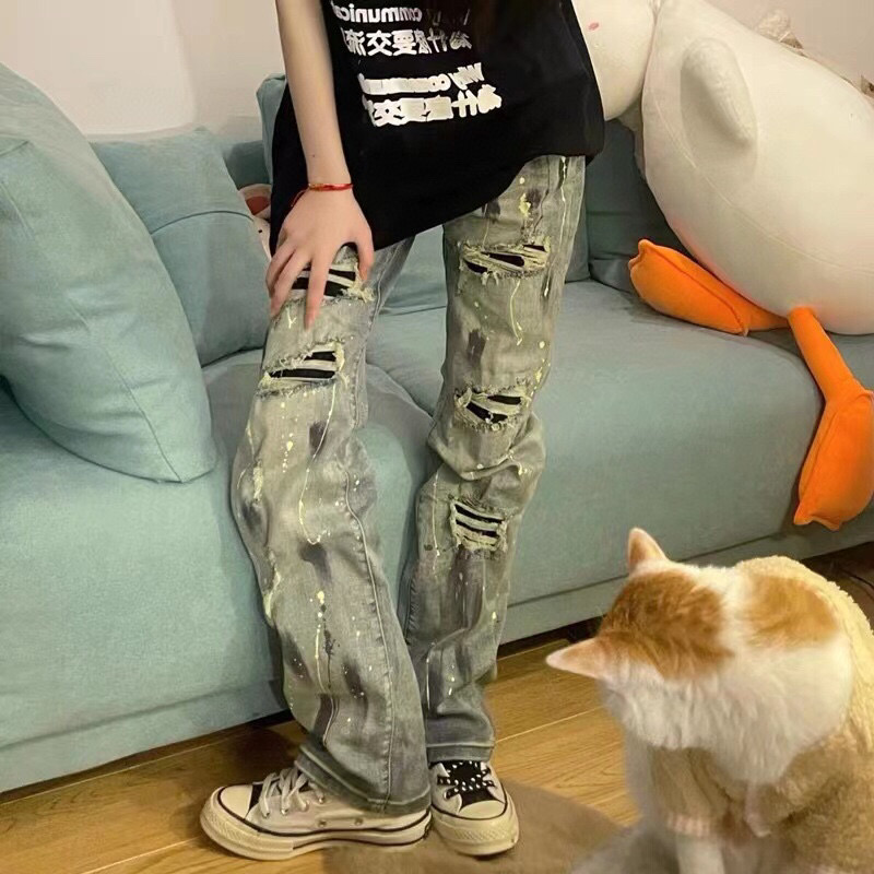 Omega Street Hiptops: American Cowboy Style Ink-Painted Pants, Blue, Sizes S-3XL - 图片 2