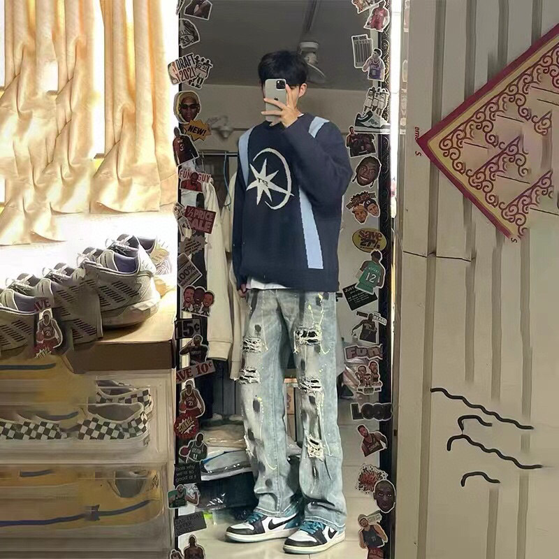 Omega Street Hiptops: American Cowboy Style Ink-Painted Pants, Blue, Sizes S-3XL - 图片 8