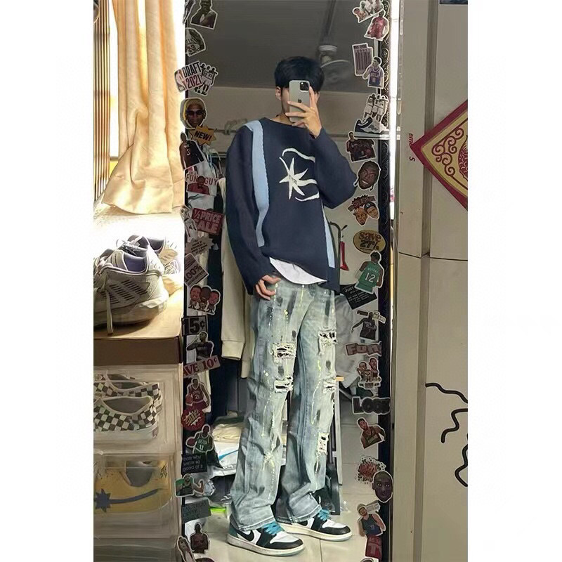 Omega Street Hiptops: American Cowboy Style Ink-Painted Pants, Blue, Sizes S-3XL - 图片 7