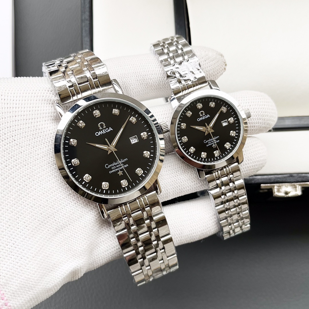 Elegant Omega Couple’s Watch: White & Gold Shells, Steel Belt, Imported Materials