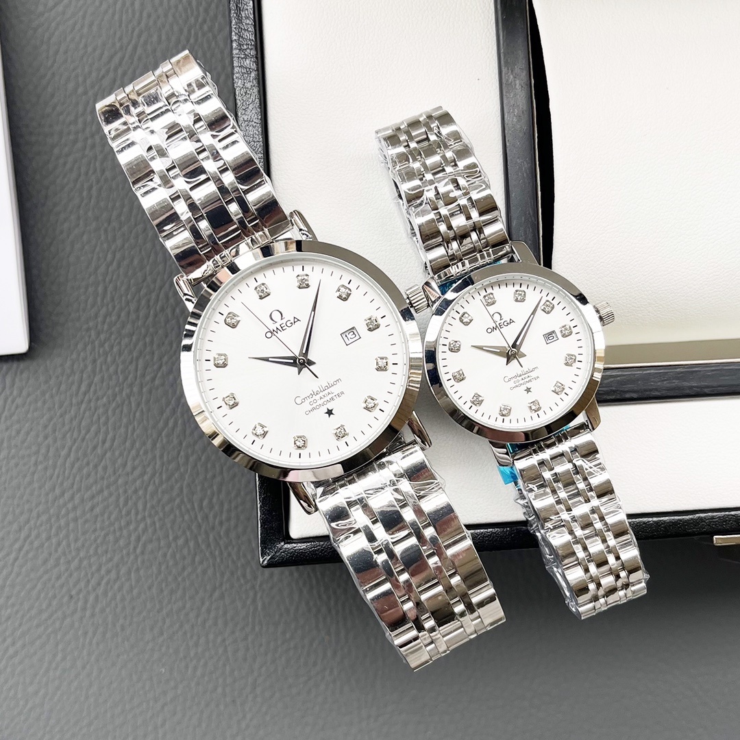 Elegant Omega Couple’s Watch: White & Gold Shells, Steel Belt, Imported Materials - 图片 4