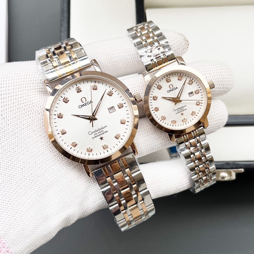 Elegant Omega Couple’s Watch: White & Gold Shells, Steel Belt, Imported Materials - 图片 3