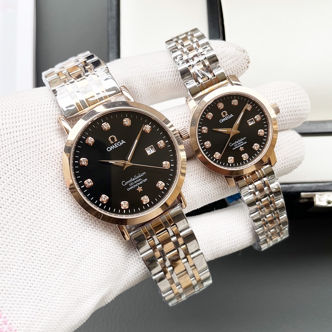 Elegant Omega Couple’s Watch: White & Gold Shells, Steel Belt, Imported Materials - 图片 2