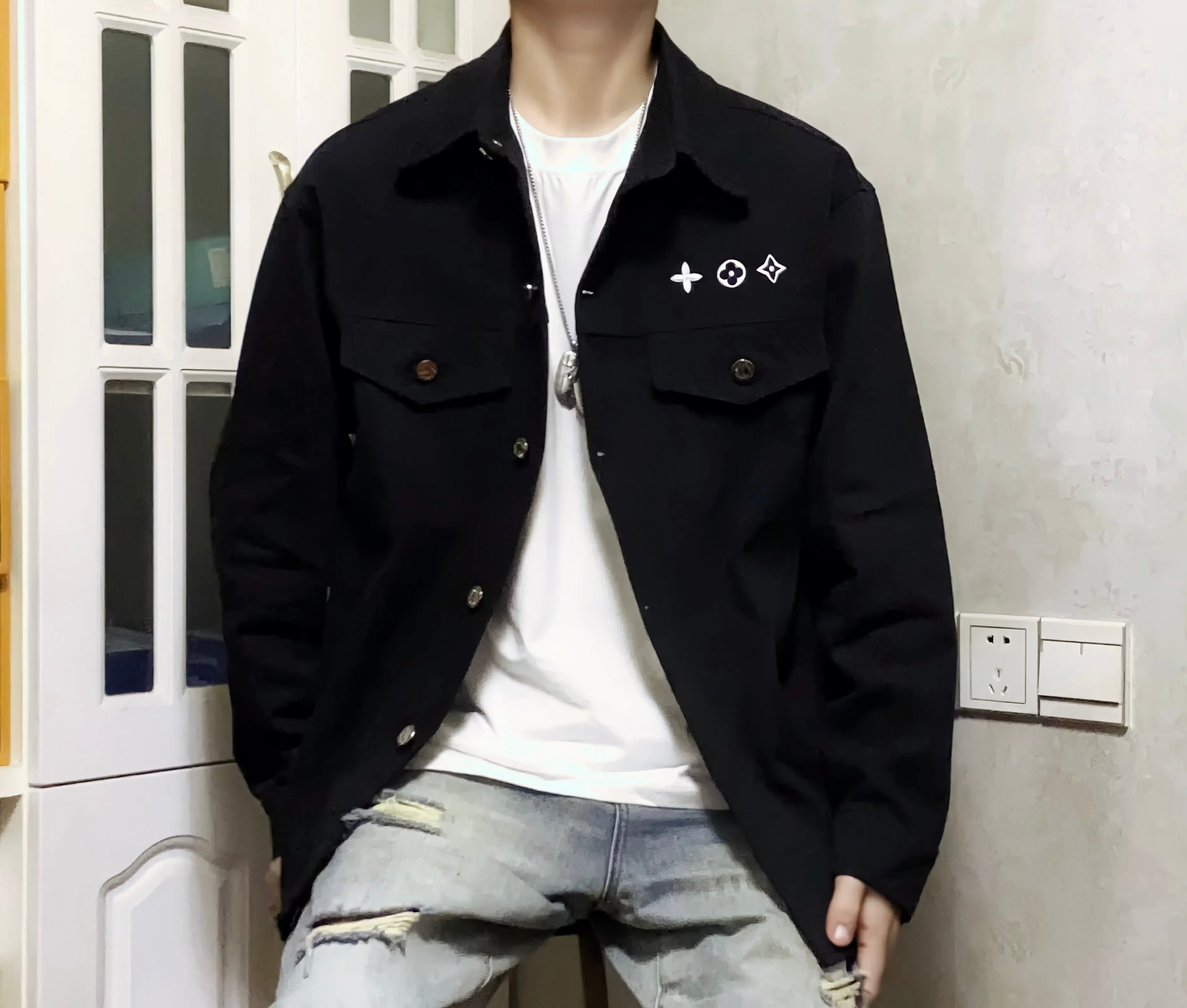 Louis Vuitton Autumn Black Denim Jacket Heavy Embroidery Oversized Fit
