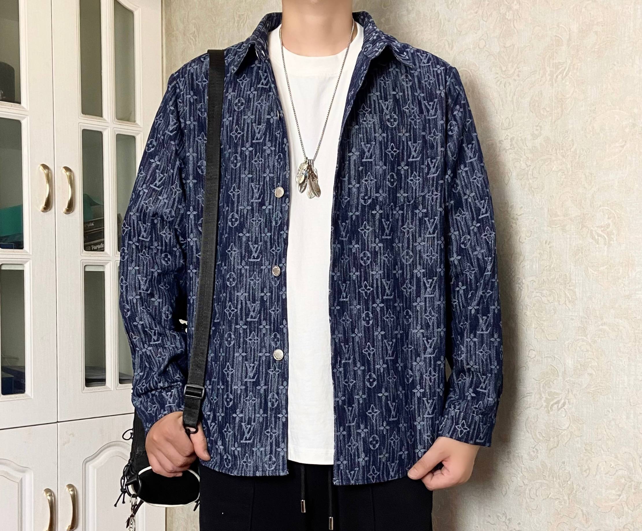 Louis Vuitton Men's Blue Denim Jacket with All-Over Monogram, Size M-XL