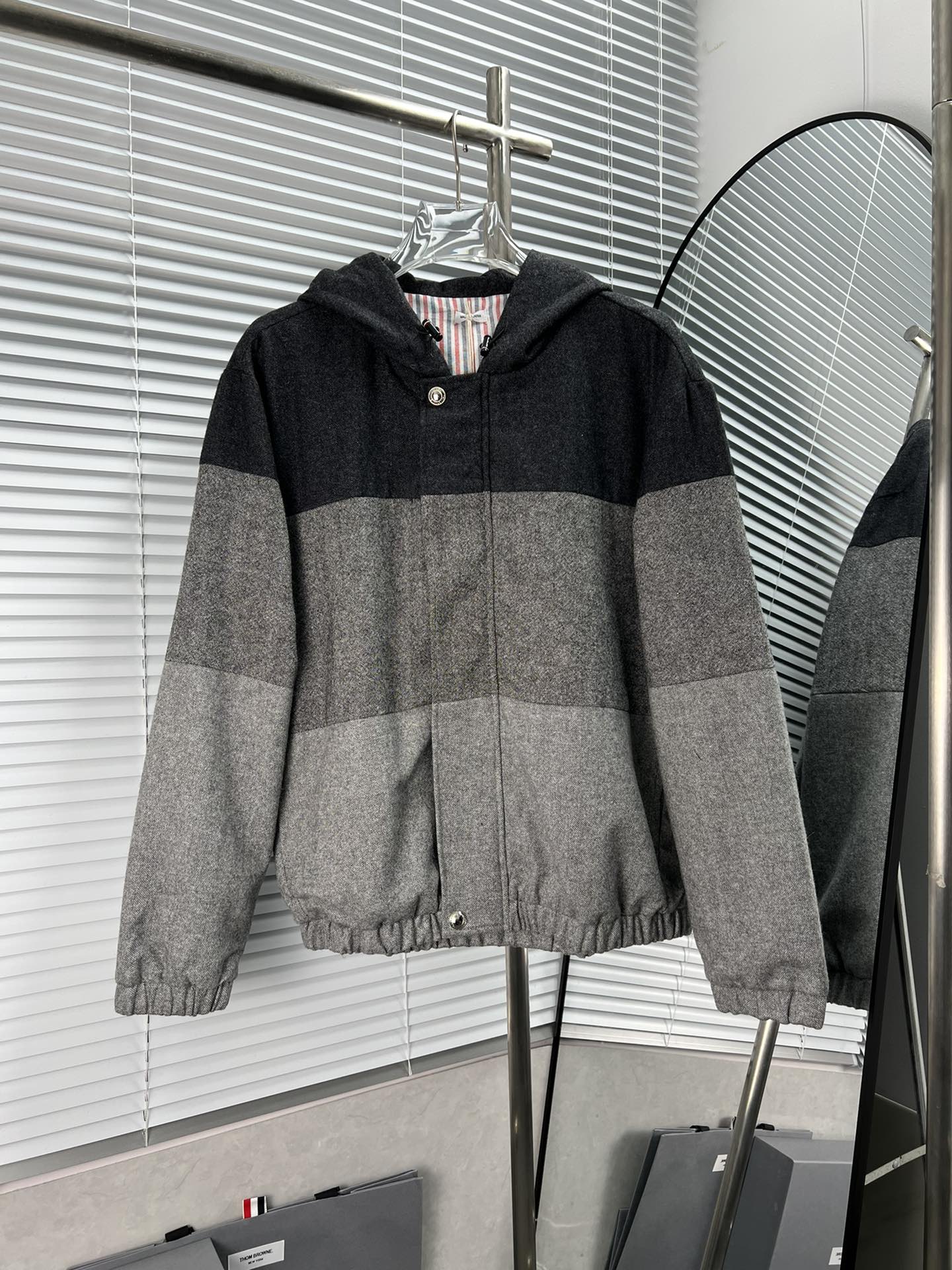 THOM BROWNE 2023 nueva chaqueta de mezcla con cremallera oculta y botones a presión, gran cuadro gris, estilo simple y …