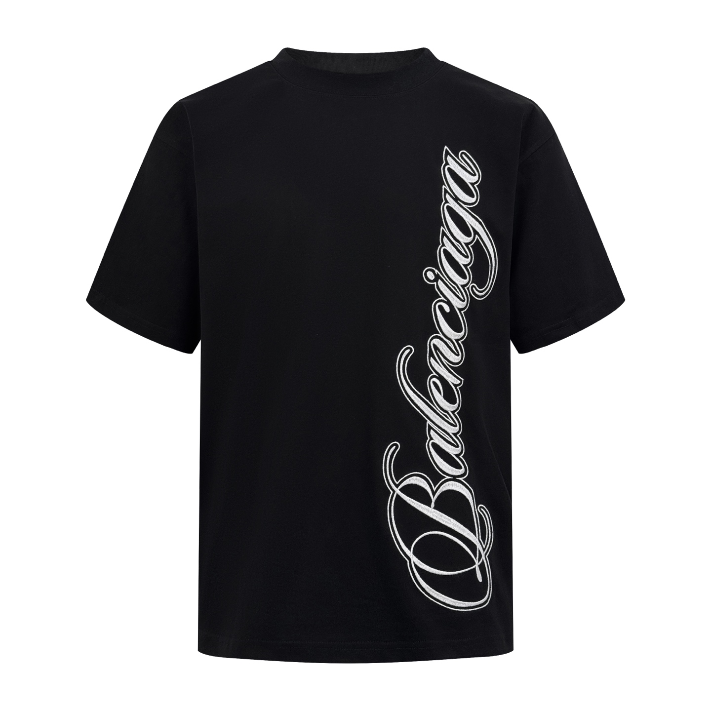 P110 Camiseta de manga corta con bordado Balenciaga cursive, tejido de punto liso de algodón suave personalizado, textu…