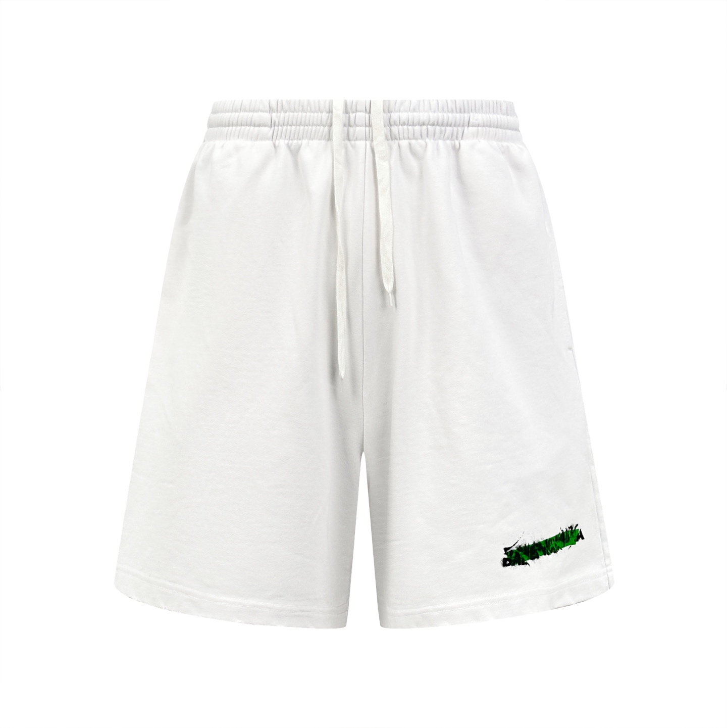 NO:845285,Balenciaga Tape Graffiti Shorts. Customized double-ply heavy-washed cotton. Stiff and stylish. Soft and breathable. Made with cloud ivory white as the base. Clear and restrained, hiding the edge. The left leg is embellished with Messy Spray. Impromptu graffiti and ink marks break the shackles of refinement. The hazy emerald green logo hides trendy luxury genes. It expresses an uninhibited pioneering attitude in minimalism. Process 1: Use glue graffiti printing  The chest printing has been modified three times with the film screen. Use glue liquid paint to print the pattern on the fabric. Bake the fabric to fix the printed pattern. Process 2: Use air pump machine to press. Use pneumatic pressure and high temperature to shape the tape for masking and printing. Lock the old ink color firmly into the cotton fabric. It not only retains the frizzy graininess of the edge of the tape, but also makes the pattern more durable and crisp through uniform heat pressing. Process 3: Use positioning artificial fraying. Local friction and wear on the fabric through manual operation will form a natural damage effect on the surface of the fabric.  Time-consuming and labor-intensive, low daily output. Process 4: The fabrics have been fermented and washed. The hand feel and texture are better. Not easy to deform, not easy to shrink, not easy to fade. Maintain long-term beauty. Customized accessories 1:1 BLCG trademark. Loose version. Size S M L XL. Style number CC986-A60, balenciaga, prada, shorts,19860909Balenciaga 胶带涂鸦短裤 定制双股重洗棉 挺括有型 软糯透气 以云境象牙白为底 澄澈内敛 藏起锋芒 左腿Messy Spray艺术喷绘缀饰 以即兴涂鸦与墨痕肌理打破精致桎梏 朦胧翠绿标识暗藏潮奢基因 于极简中诉说不羁的先锋姿态 工艺1: 采用胶浆涂鸦印花 胸前印花经过三次菲林网板修改 使用胶浆液体涂料在织物上打印图案 烘烤织物以固定印刷图案 工艺2: 采用气泵机压烫 以气动加压配合高温 定型胶带遮蔽和印花 将做旧墨色牢牢锁入棉织物 既保留胶带边缘的毛躁颗粒感 又通过均匀热压让图案更持久挺括 工艺3: 采用定位人工磨破 通过手工操作对面料进行局部摩擦与磨损 面料表面会形成自然的破损效果 耗时耗力 日产量低 工艺4: 面料都经过酵洗 手感质感更佳 不易变形 不易缩水 不易褪色 保持长久的美观 辅料定制1:1 BLCG商标 版型宽松版型 尺码S M L XL 款号CC986-A60,,balenciaga,prada,shorts,,Men's clothing