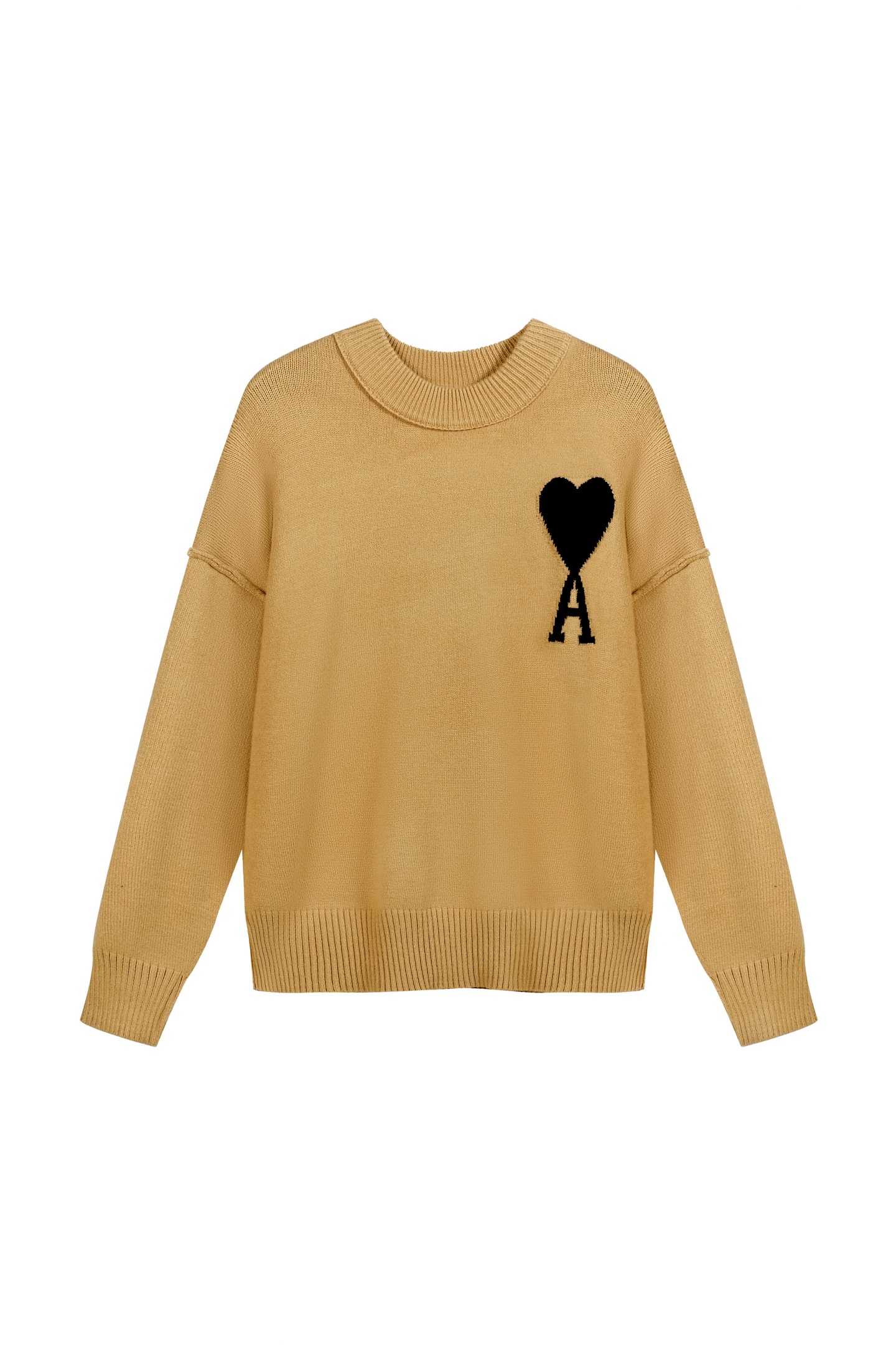 Camel En stock 🚨 A9008#AM Suéter de cuello redondo de estilo francés minimalista con logo de corazón y líneas en el re…