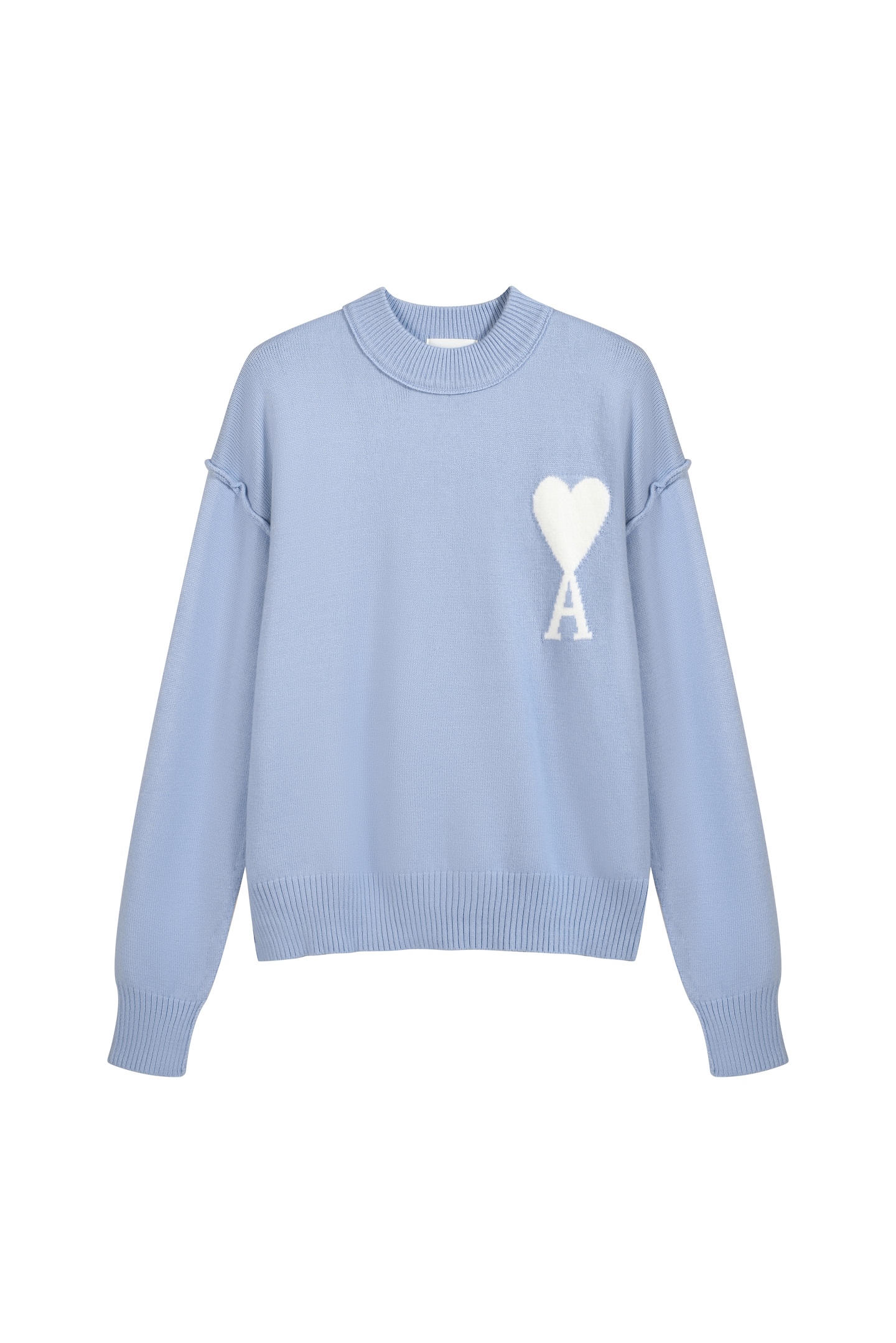 Azul claro En stock 🚨 A9008#AM Suéter de cuello redondo de estilo francés minimalista con logo de corazón y líneas en …