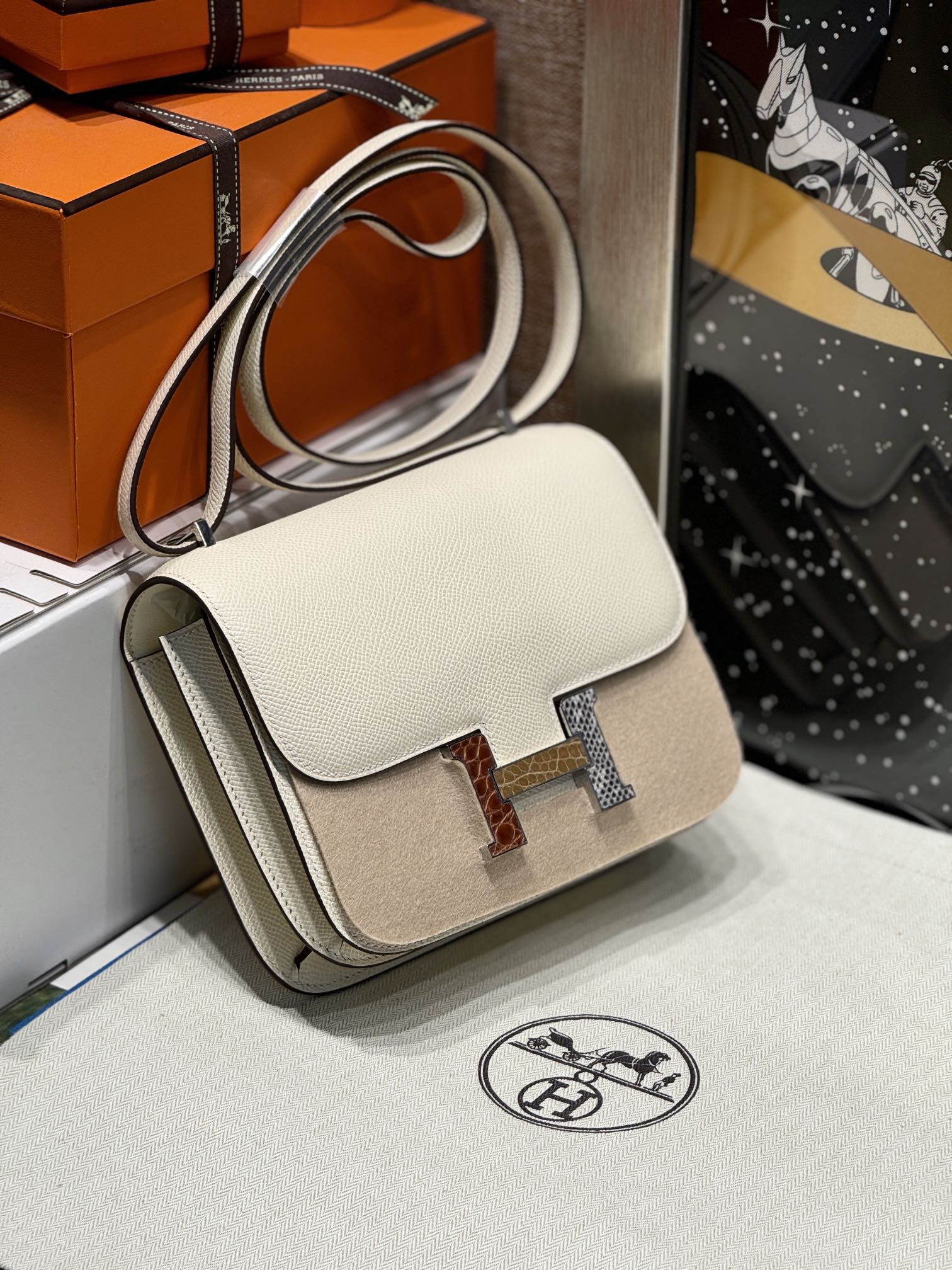 Hermes Constance Crossbody & Shoulder Bags White Silver Hardware Epsom