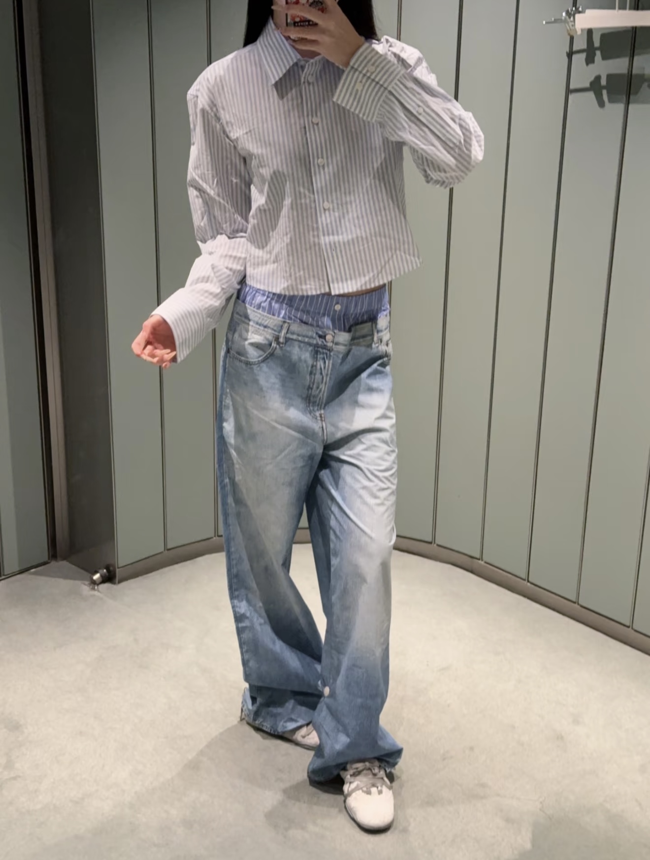 NO:449835,[Love] New [Love]!  Latest ACNE 25NEW Fake Two-Piece Striped Printed Denim Trousers. Size SML..,,acne studios,alexander wang19860909[爱心]新款[爱心]！最新ACNE 25NEW 假两件条纹拼接印花牛仔长裤.尺码SML..,,acne studios,alexander wang,Women's clothing