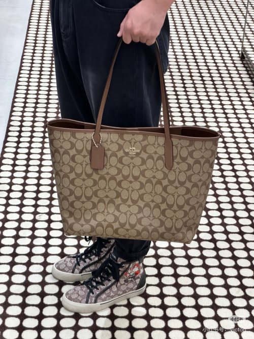 Coach Signature Coated Canvas Leather Trim Tote Bag 1 Coach Signature Coated Canvas Leather Trim Tote Bag