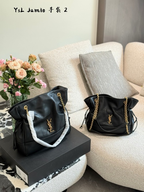Yves Saint Laurent Jamie Handbag: Elegant Black Leather with Gold Chain Detail 1 Yves Saint Laurent Jamie Handbag: Elegant Black Leather with Gold Chain Detail
