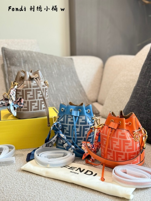 Fendi Small Bucket Bag in Signature FF Motif with Ribbon Detail 1 Fendi Small Bucket Bag in Signature FF Motif with Ribbon Detail