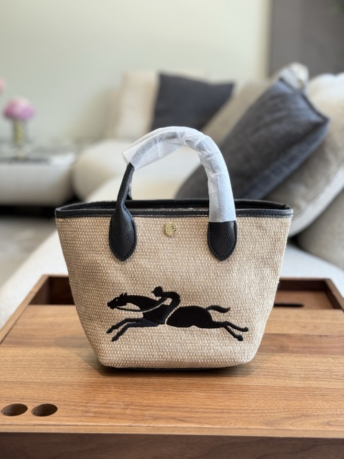 Longchamp Small Straw Effect Canvas Tote Bag with Russian Leather Trim 1 Longchamp Small Straw Effect Canvas Tote Bag with Russian Leather Trim