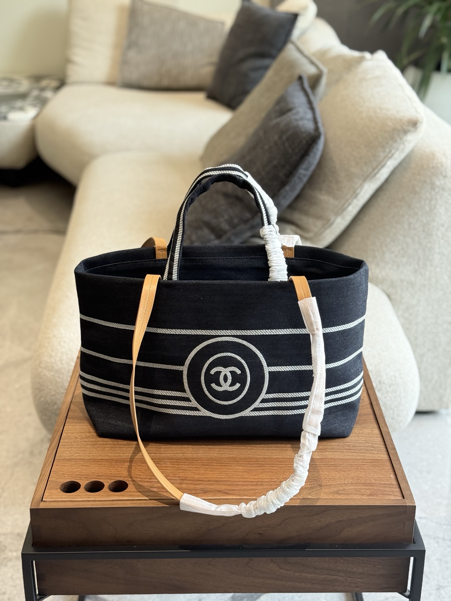 Chanel Denim Striped Beach Bag Tote, Lightweight and Versatile, 33 x 25 cm
