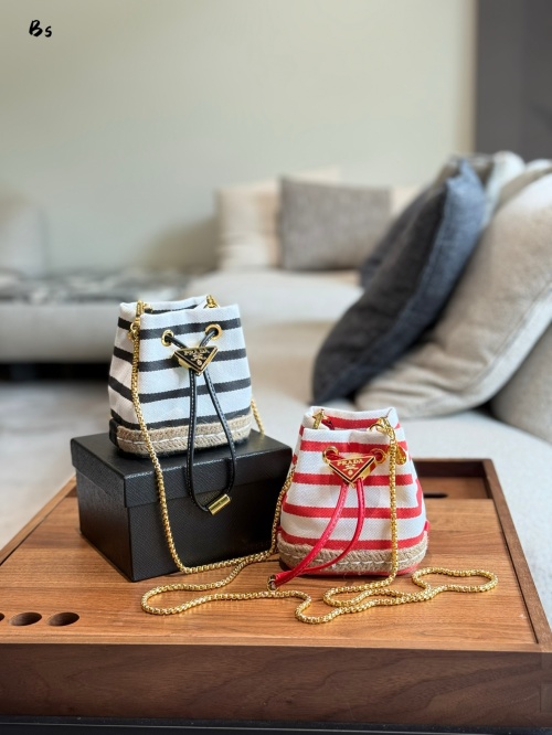 Prada Striped Fabric Mini Bucket Bag with Leather Drawstring and Shoulder Strap 1 Prada Striped Fabric Mini Bucket Bag with Leather Drawstring and Shoulder Strap