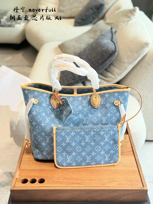 Louis Vuitton Neverfull Medium Denim Tote Bag with Pouch 1 Louis Vuitton Neverfull Medium Denim Tote Bag with Pouch