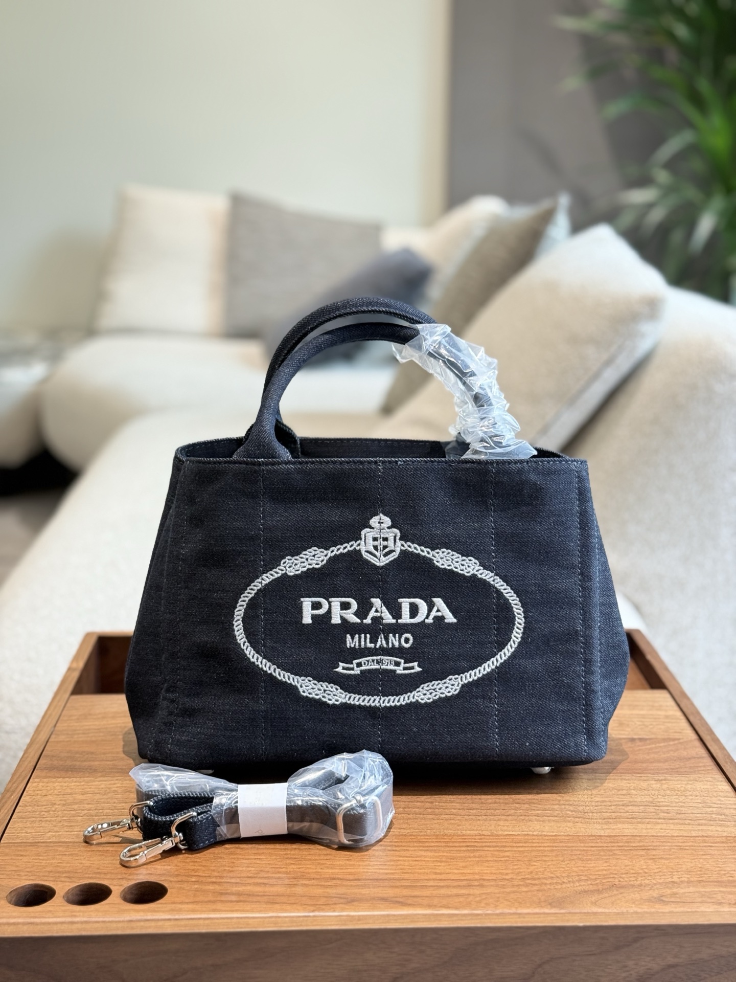 Prada CANAPA Denim Beach Bag, Dark Blue, Durable Material, 26cm