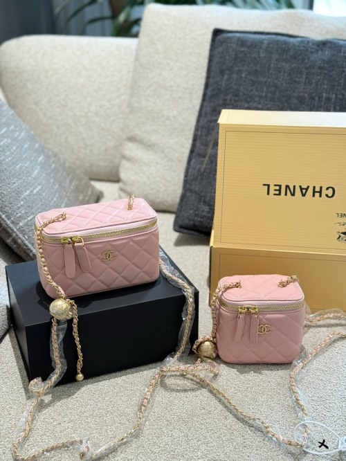 Chanel Mini Vanity Case with Chain Pink Quilted Lambskin Gold Hardware 1 Chanel Mini Vanity Case with Chain Pink Quilted Lambskin Gold Hardware