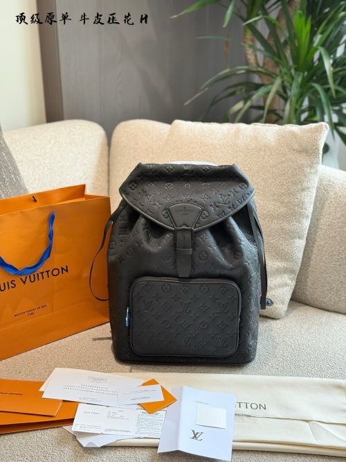 Louis Vuitton Men's Black Leather Embossed Monogram Pattern Backpack 1 Louis Vuitton Men's Black Leather Embossed Monogram Pattern Backpack